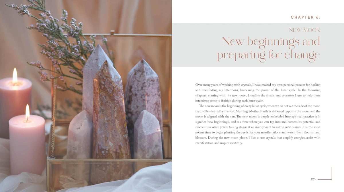 An open book spread showing a printed page with the heading 'CHAPTER 6: NEW MOON New beginnings and preparing for change' alongside decorative candles, glass crystals, and dried botanicals in the photo.
