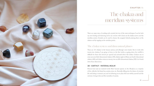 An open book spread showing a printed page titled 'CHAPTER 1: The chakra and meridian systems'