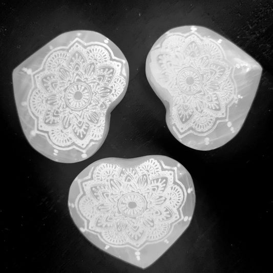Selenite Heart - Engraved Palm Stone