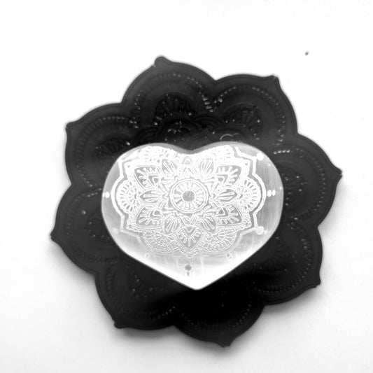 Selenite Heart - Engraved Palm Stone