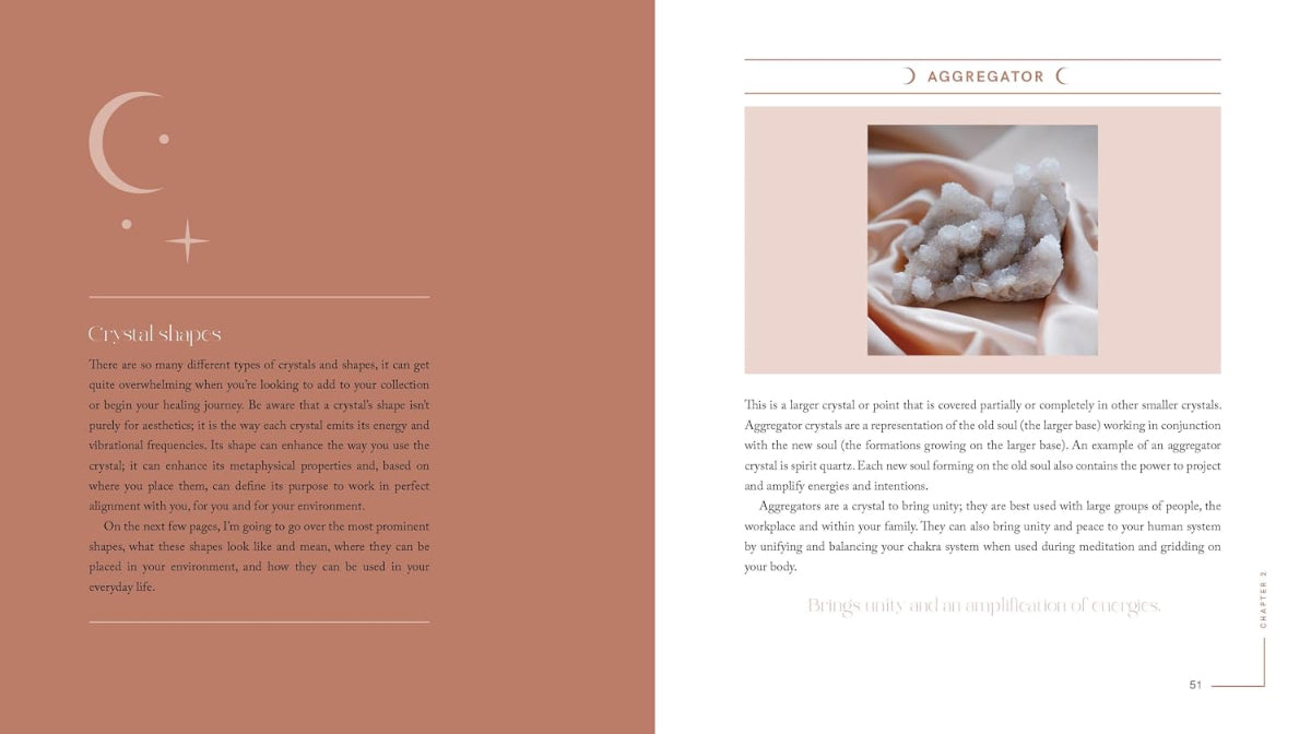 An open book spread showing a page about crystal shapes with a dusty terracotta left page and a white right page with text and a small crystal illustration.