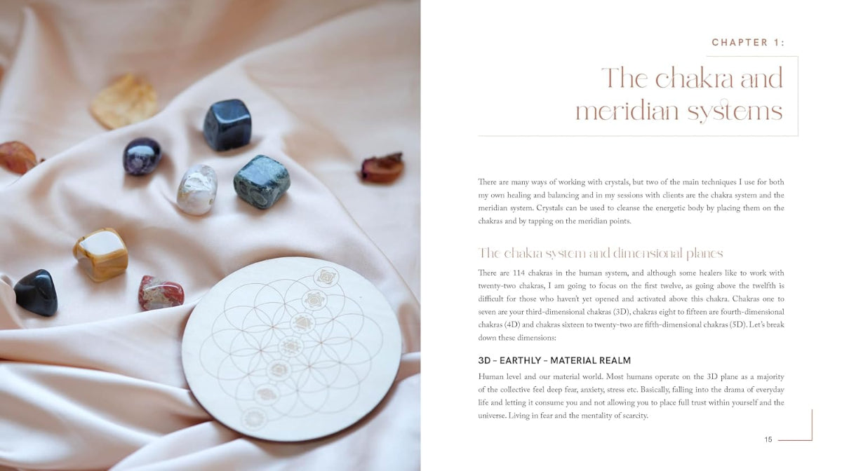 An open book spread showing a printed page titled 'CHAPTER 1: The chakra and meridian systems'