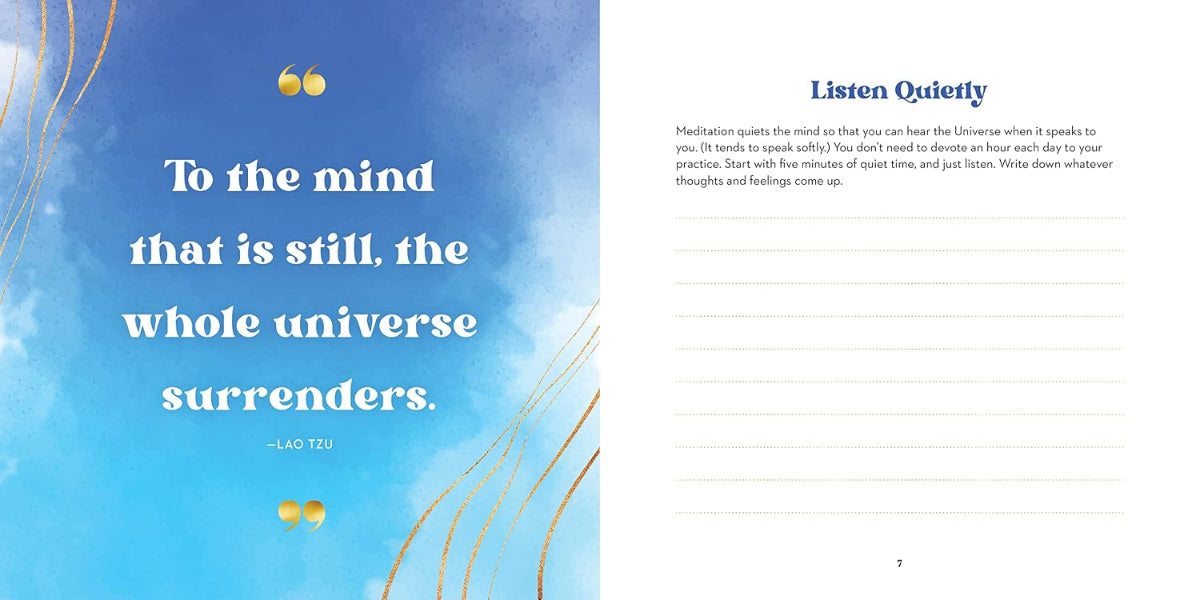 A two-page spread from a book or journal featuring a blue sky and clouds background on the left with the quote 'To the mind that is still, the whole universe surrenders.' by Lao Tzu, and a white page on the right with the heading 'Listen Quietly' and a short meditation prompt with blank lines for writing.