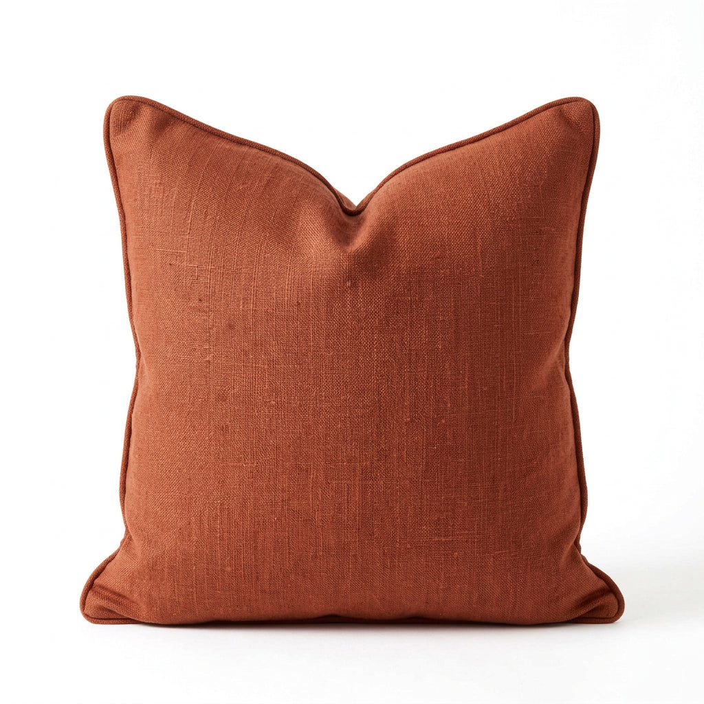 A square decorative throw pillow in a dusty terracotta or muted coral pink color, shown against a plain white background.